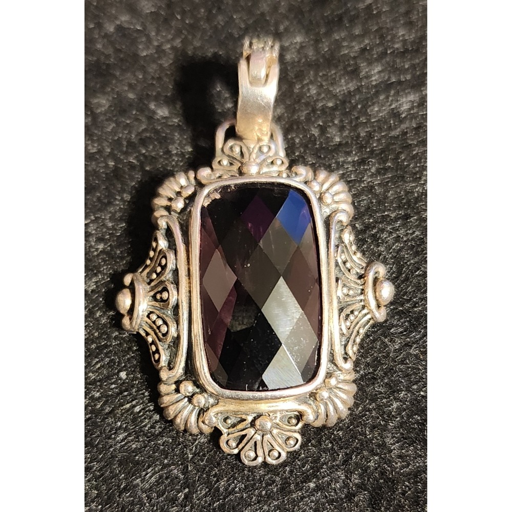 VTG Sterling Silver 925 Ornate Dark Purple Glass Checkerboard Cut Pendant 10g
